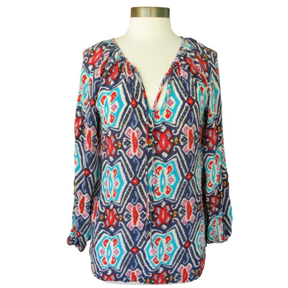 Tolani Boho Silk Ikat Top Tunic Blue Red Turquoise Long Sleeve